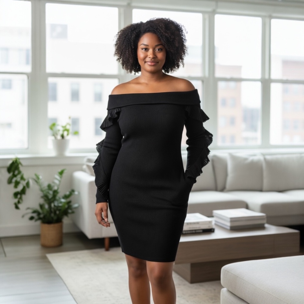 Women’s Black Off-Shoulder Bodycon Dress with Ruffle Sleeves Elegant Party NWT